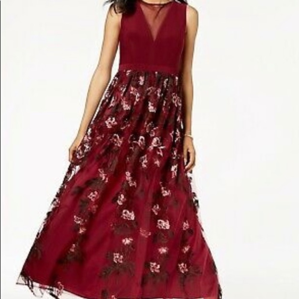 Nightway burgundy floral embroidered dress, illusion neckline. New with tags.